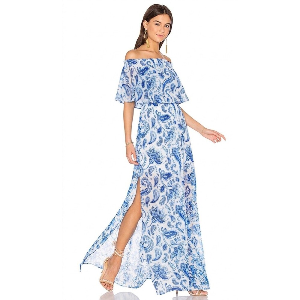 Show Me Your Mumu Hacienda Off Shoulder Maxi Dress Blue Paisley - Size XS
